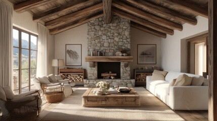 Rustic Living Room with Stone Fireplace and Mountain View Through Large Windows