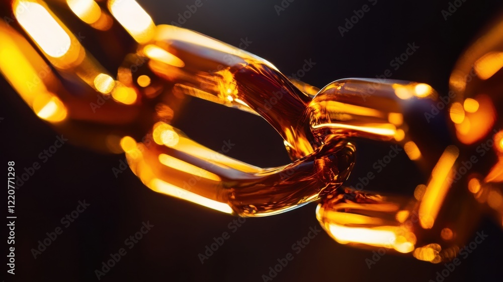 Poster close-up of a shiny, interlocking chain link illuminated by warm light against a dark background
