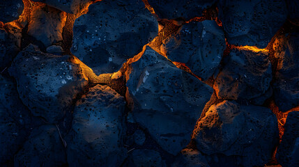 A close-up view of dark volcanic rocks with glowing cracks.