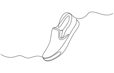 Shoe single continuous line drawing. Sports shoes drawn in a one line art style, Continuous one line drawing of trendy sport shoe. Simple shoes, sneaker line art vector illustration.
