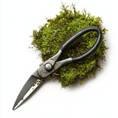 Obraz premium Detailed Close-Up of Old Gardening Scissors Resting on a Bed of Bright Green Moss in a Natural Setting