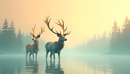 Naklejka premium Majestic Stags in Serene Misty Dawn: A Peaceful Wildlife Art