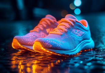 Luminous Sneakers: A close-up shot of white athletic sneakers with LED lights illuminating the soles, creating a vibrant display of color against a dark background.