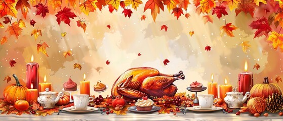 You may use this Thanksgiving dinner table layout with a roast turkey long candles fall foliage desserts and a cup of tea picture for Christmas or New Year's Eve and space, Generative AI.