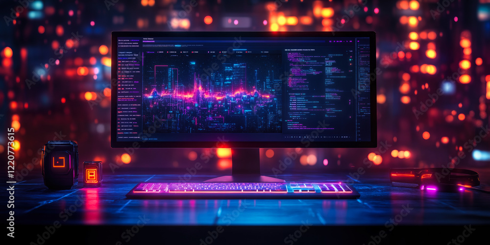 Poster futuristic no-code software development interface on computer screen with neon lights
