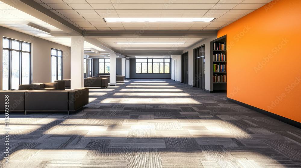 Poster spacious open office floor with modern design and clusters of desks for collaborative workspaces