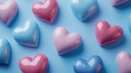 Pastel heart candies arrangement on blue background for valentine's day or sweet treats design