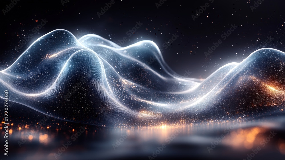 Poster dynamic abstract wave motion in white and blue representing fluidity and elegance against a dark bac