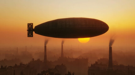 Majestic Steampunk Airship Gliding Over Industrial Landscape at Sunset