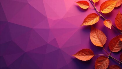 Dry orange metallic leaves, violet backdrop Geometric autumnal design , modern, decorative, copper