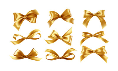  Ribbons and Bows Set on White Background. A set of  golden ribbon bows in various styles, perfect for decorating gifts, events, and celebrations.