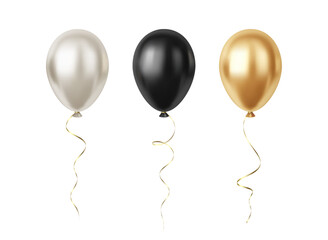 Set of Realistic 3D Silver Gold Black Party Event Balloons Isolated on White Background