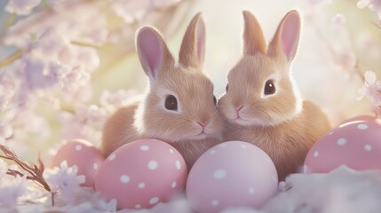 Happy Easter greeting with bunnies and eggs