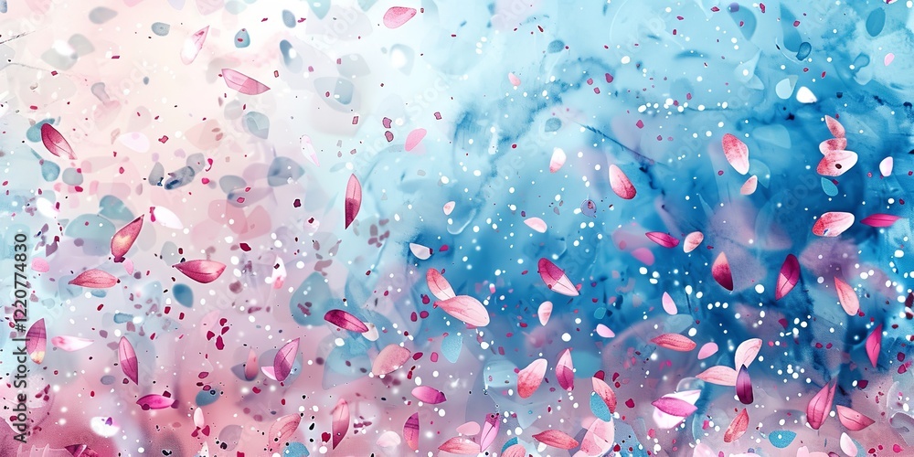 Poster a detailed view of joyful confetti snowflakes falling from the sky in watercolor including subtle li
