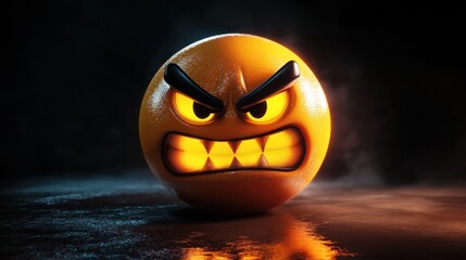 An angry emoji with dark sharp eyebrows and a bright yellow orange complexion is shown