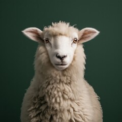 Obraz premium A fluffy white sheep with a tiny face isolated on a dark green background