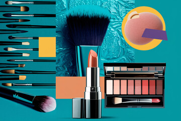 A vibrant collage showcasing a variety of makeup essentials. Featuring brushes, lipstick, an eyeshadow palette, and a sponge, all set against a textured and geometrically accentuated background.