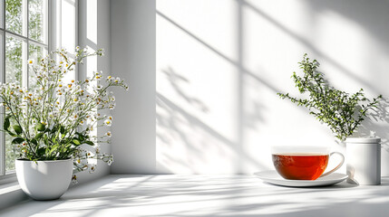 Cup of tea on a white windowsill with potted chamomile flowers and greenery, illuminated by soft natural light and shadows