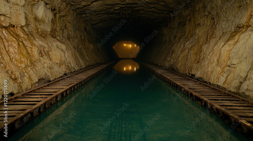 Poster transformative subterranean tunnel with water reflections and soft lights in a mining site