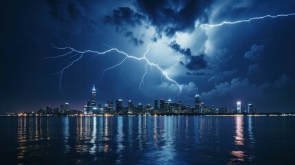 Majestic Lightning Strikes Over Water At Night Creating Brilliant Reflections In A City Skyline With Dramatic Clouds And Stormy Atmosphere