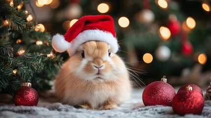 Obraz premium A fluffy rabbit wearing a Christmas hat near a Christmas tree 