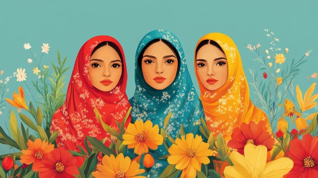 Three women in colorful hijabs surrounded by vibrant flowers against a soft blue background