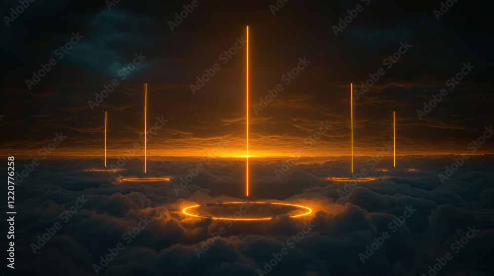 Poster surreal cloudscape with floating islands illuminated by vertical orange beams at dusk