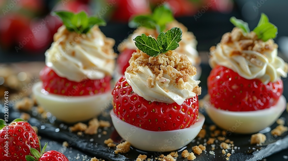 Poster lovely cheesecakes strawberries filled with a thick cheesecake blend and dusted with crumbles over a
