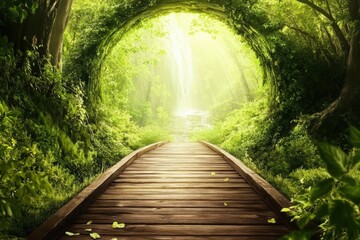 Serene wooden pathway through lush green forest with sunlit canopy