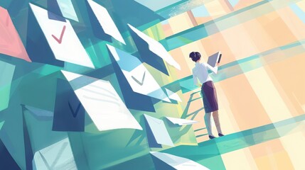 Business leader breaking down goals into smaller tasks, reviewing progress with checkmarks.