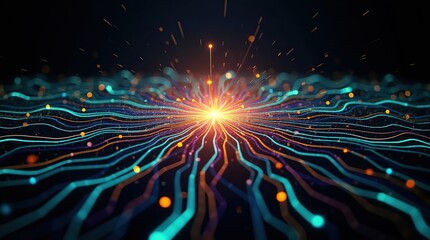 Kaleidoscope of glowing circuit lines that dynamically converge at a central point, generating a hypnotic, futuristic, and immersive abstract design.