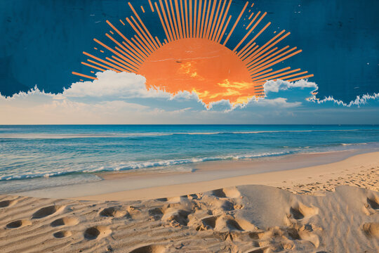 A vibrant collage depicting a serene beach scene with a stylized sunburst overhead. The warm hues of the sun contrast with the cool blues of the ocean and sky, creating a visually appealing contrast.