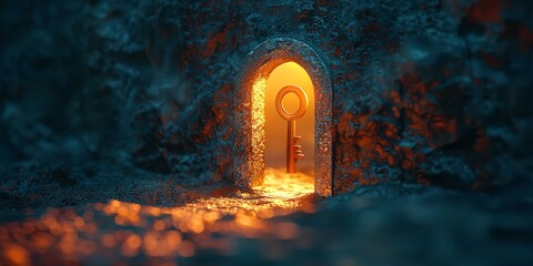 In a gloomy setting, a burning keyhole offers an atmosphere of mystery and intrigue that suggests analysis and discovery lovely gleaming key and space, Generative AI.