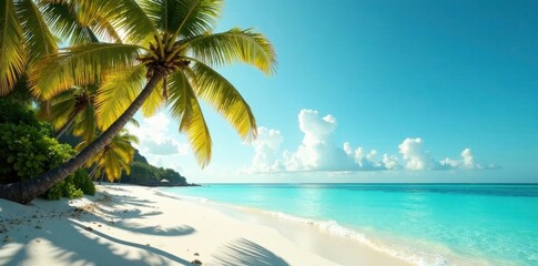 Sun-drenched palm trees, white sand, turquoise ocean Vintage film grain , exotic, warm, tropical beach