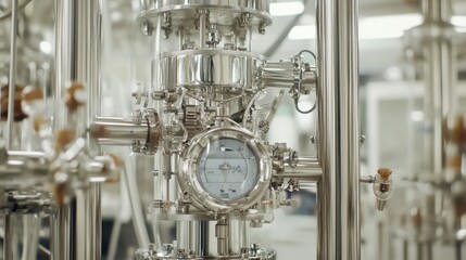 Close-up of a polished stainless steel pressure gauge in a modern laboratory setting