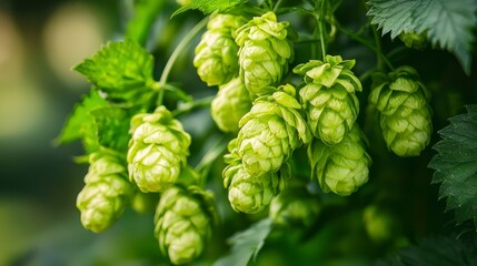 Green hop cones in a lush garden setting