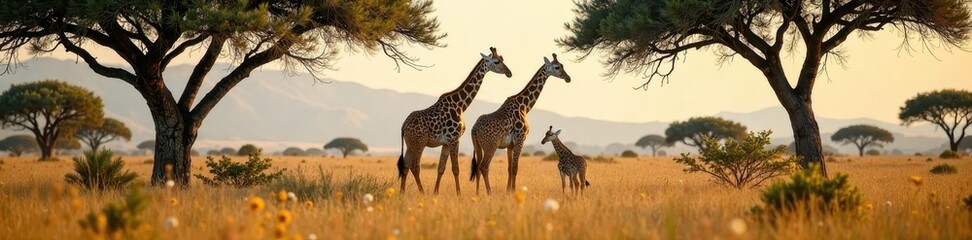 Obraz premium Giraffe family strolls through Tsavo's acacia trees, elegant, Africa, ungulate