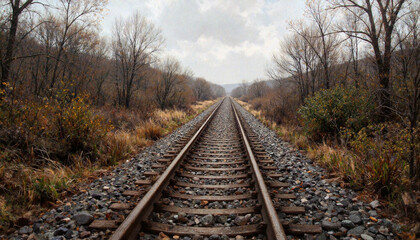 Fototapeta premium Railroad tracks through an overcast autumn landscape