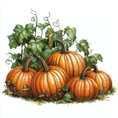 Vibrant Autumn Scene with Fresh Pumpkins Surrounded by Lush Green Vines and Leaves for Seasonal Decor and Thanksgiving