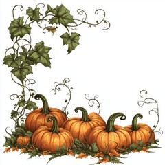 Vibrant Pumpkin Harvest with Green Ivy and Whimsical Scrollwork for Autumn Decor