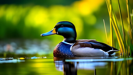 Obraz premium Close-Up of Black-Bellied Whistling Duck in Its Natural Habitat, Lush Wetlands, Vibrant Greenery, Reflections on Water, Nestled Among Reeds and Grasses, Showcasing Unique Features and Colors