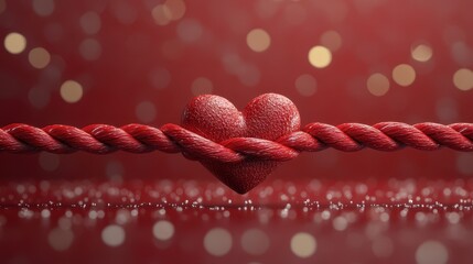 Romantic red rope with heart shaped knot on sparkling background for valentine's day design