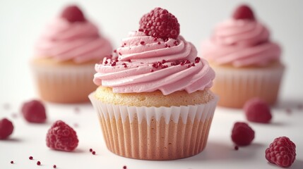 Delicious raspberry cupcakes on white background for dessert inspiration and baking ideas
