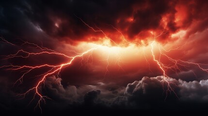 Dramatic Stormy Sky with Bright Red Lightning Illuminating Dark Clouds at Dusk Capturing the Raw Power of Nature