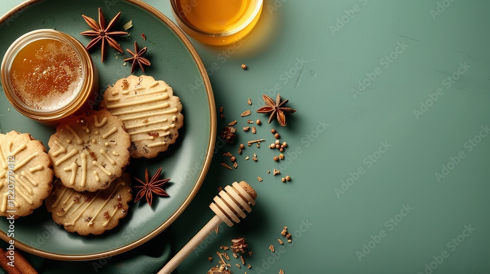 Poster an up-close view of a honey jar and christmas cookies baking on a platter against a green backdrop h