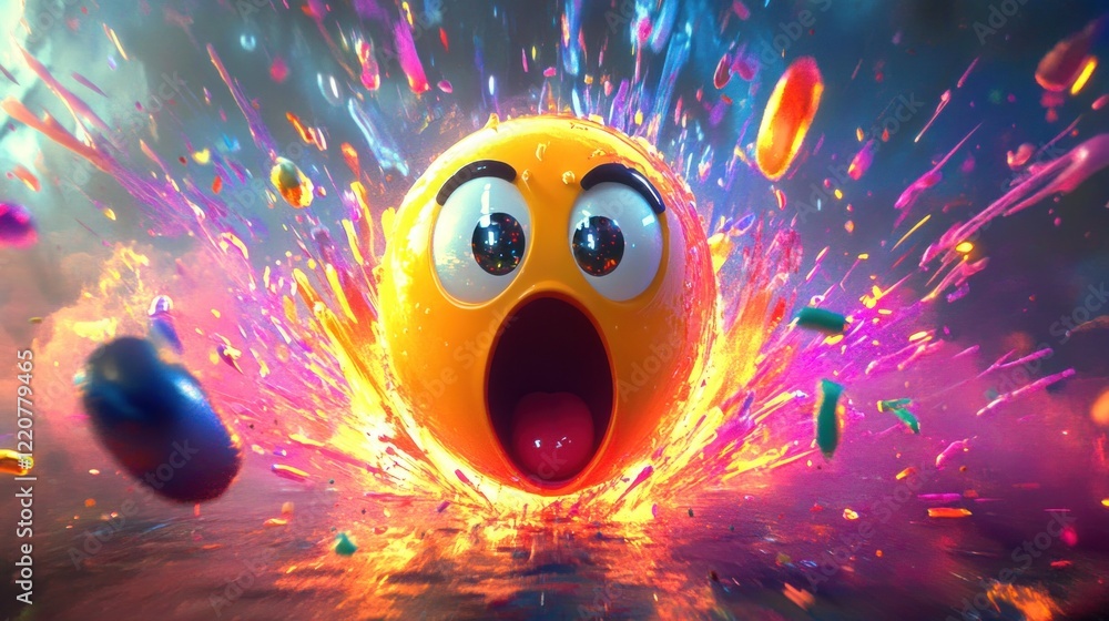 Poster surprised emoji exploding with colorful energy and floating shapes around it