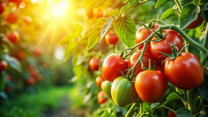 Juicy Red Tomatoes Growing on Vine in Lush Green Field - Close Up Stock Photo