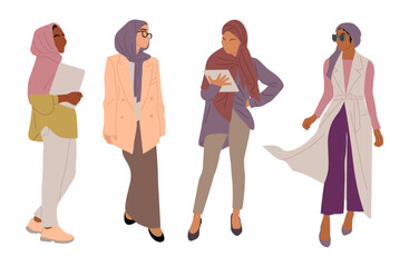 Fototapeta premium Set of arabic woman in hijab vector flat realistic illustration. Collection of stylish muslim business female person in trendy clothes isolated on white background. Saudi girls in traditional outfit.