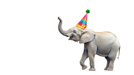 Small elephant wearing a colorful birthday hat celebrating a special occasion with festive decorations