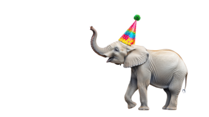 Small elephant wearing a colorful birthday hat celebrating a special occasion with festive decorations